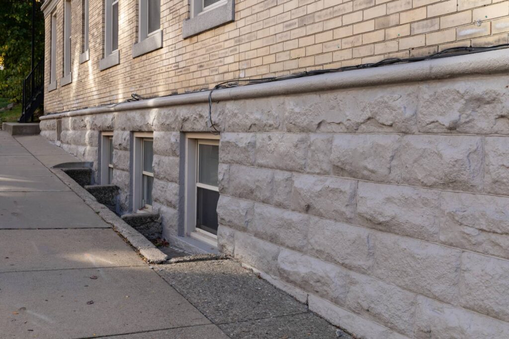 Example of a daylight basement with various windows and half the room below ground