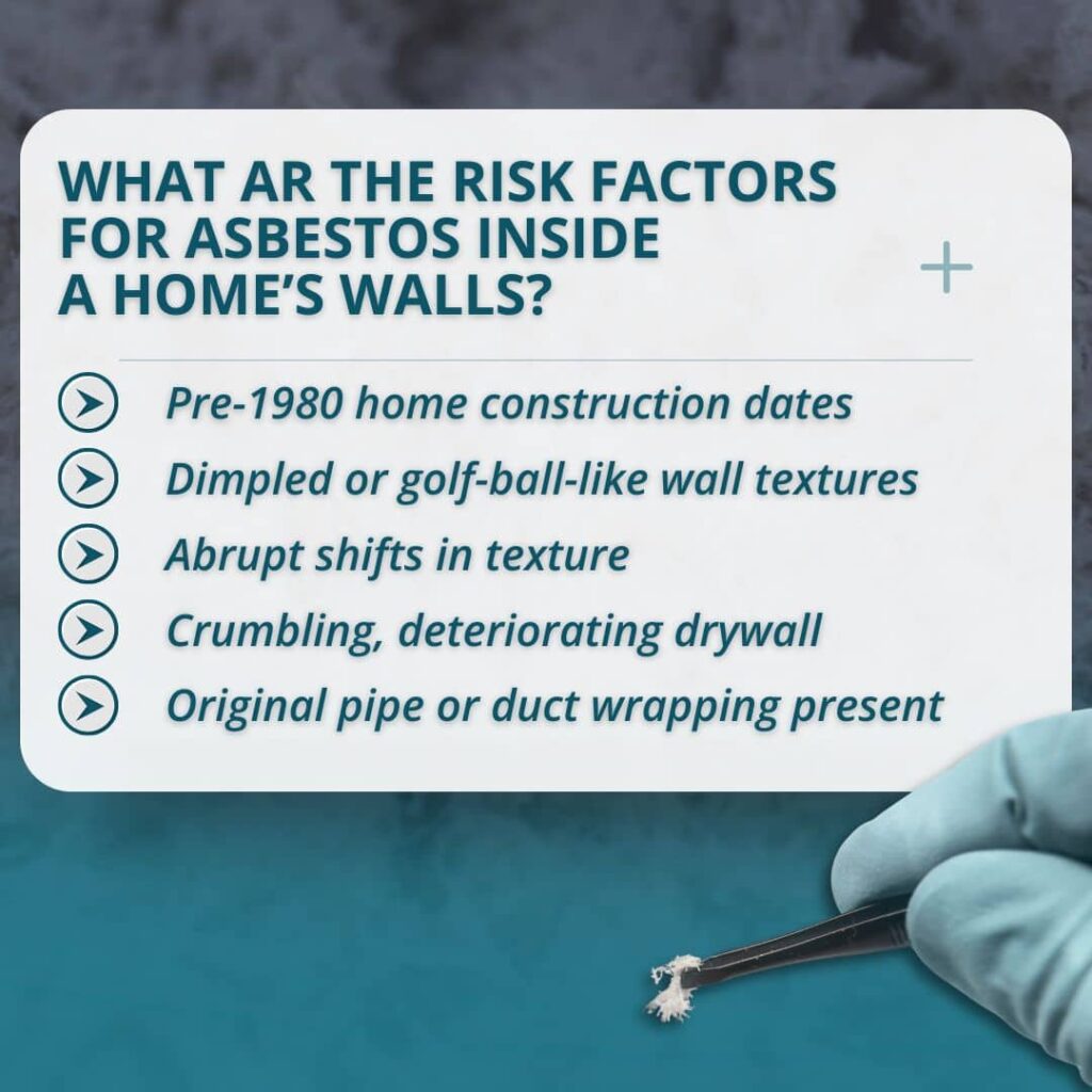 Infographic outlining the primary structural risk factors for identifying hidden asbestos walls inside older homes.