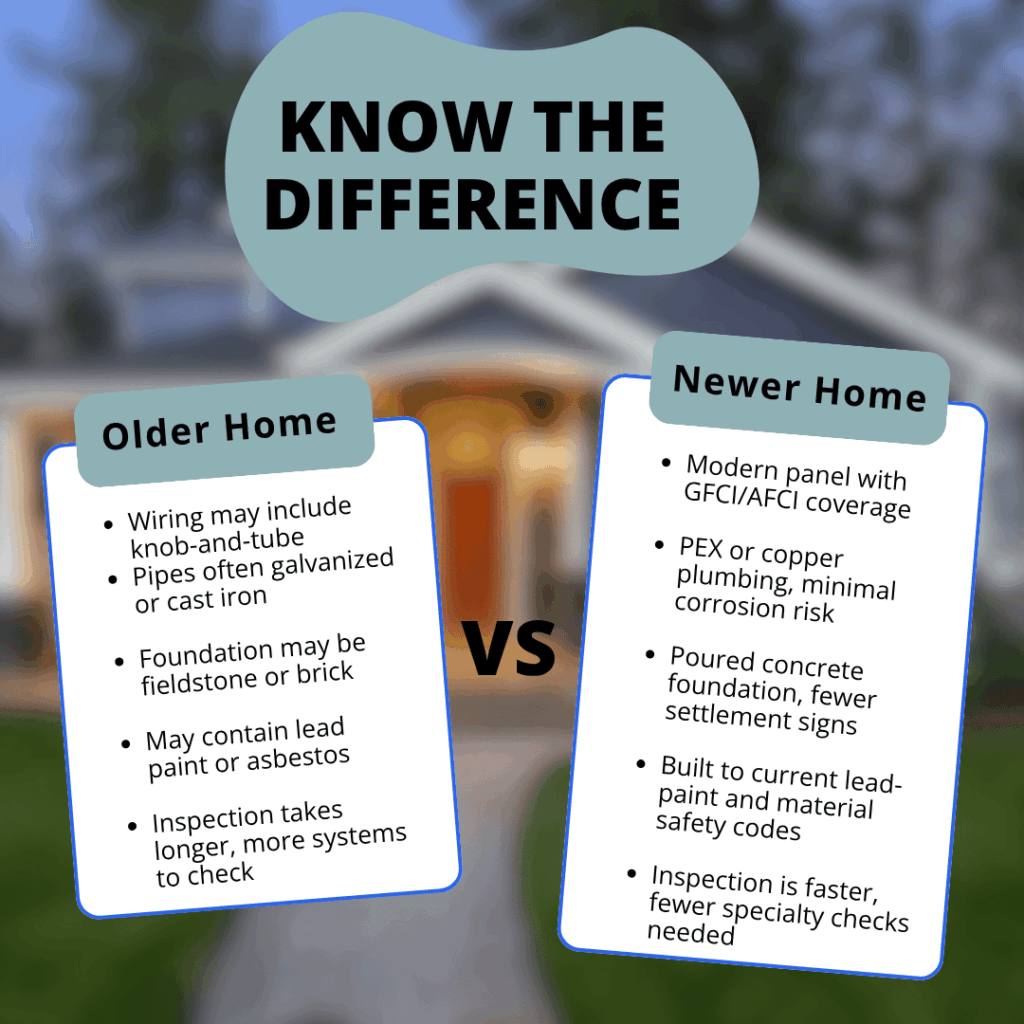Comparison graphic of older home vs newer home inspection focus areas, covering knob-and-tube wiring, galvanized pipes, foundation type, and lead paint versus modern electrical, plumbing, and code-compliant materials