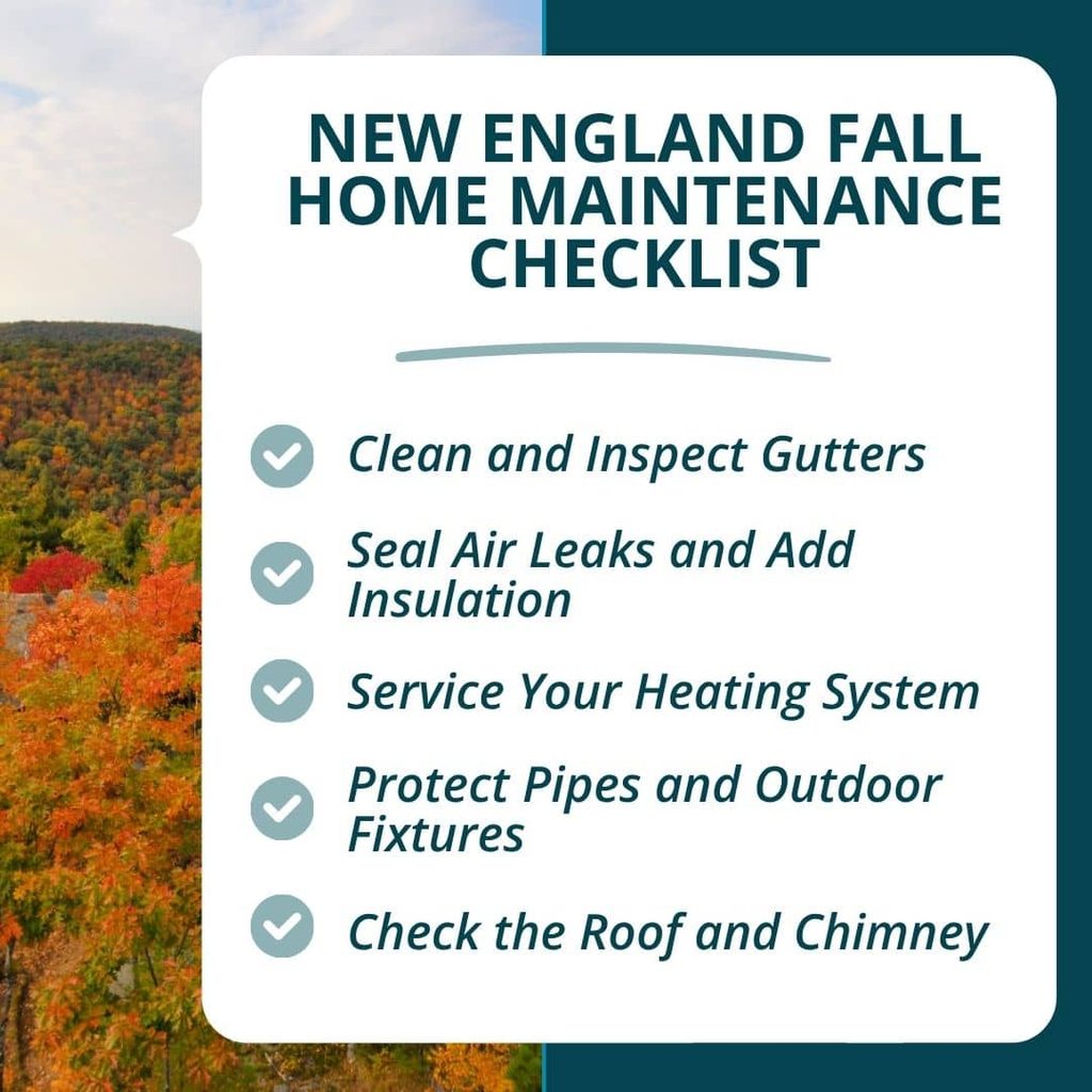 Quick-reference checklist graphic listing fall home maintenance tasks like gutter cleaning, insulation, and pipe protection