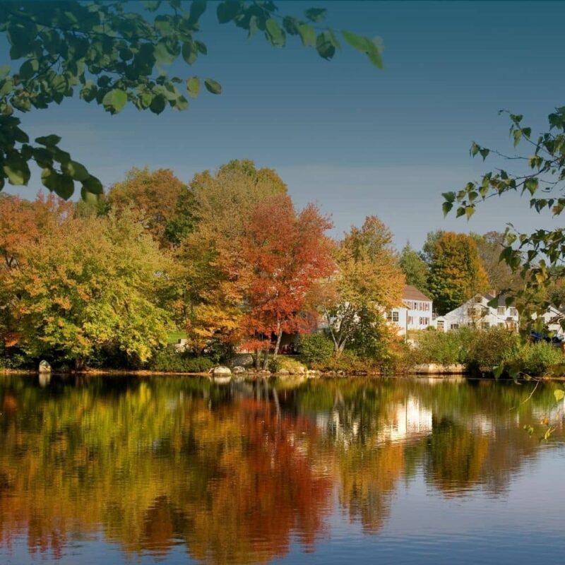 New England home exterior with autumn leaves and fall foliage before winter